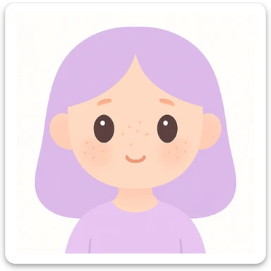 a girl with a cute peachy face, soft pastel colors, subtle freckles, shy smile, lavender hair, clean background sticker