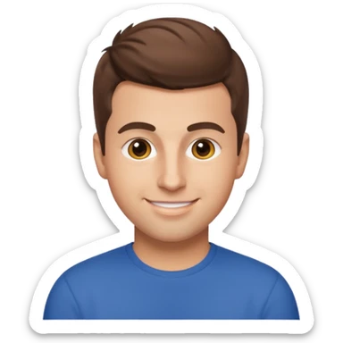 Brian Chesky as an apple-style emoji, friendly face, short brown hair, casual look sticker