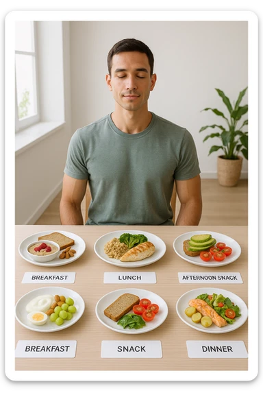 Uomo sereno con fisico sano e asciutto seduto davanti a un grande tavolo diviso in 5 sezioni, ognuna con un pasto bilanciato: colazione, spuntino, pranzo, merenda, cena. Ogni piatto ha porzioni equilibrate di proteine, carboidrati e grassi salutari. Ambiente ordinato, stile di vita sano, luce naturale, atmosfera di consapevolezza nutrizionale. sticker