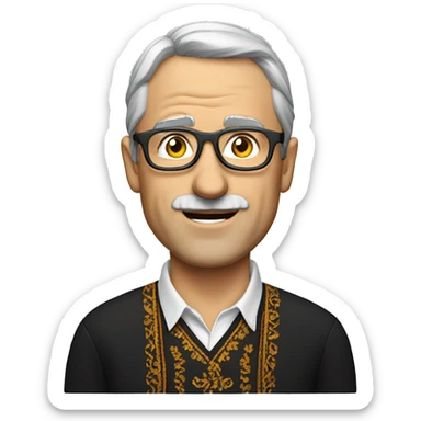 a middle-aged European man wearing an embroidered shirt and glasses sticker