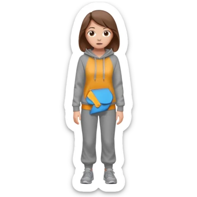 Chica grande  asustada de cuerpo completo mirado a la izquierda con pelo castaño pantalones grises y hoodie gris  sticker