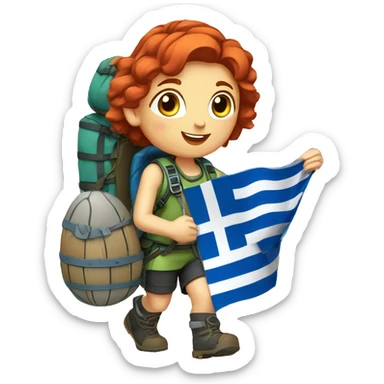 Female mountain climber red hair climbing with Greek flag on backpack and holding Easter eggs basket sticker