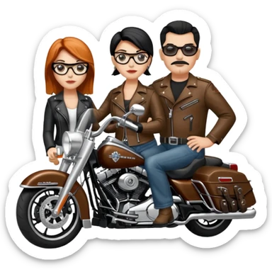 Un couple de biker sur une harley road king noire, l'homme sans moustache et une paire de lunettes demetz ros21, la fille a des cheveux plus dans les tons chatain sticker