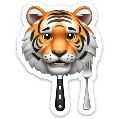 a muscular grinning tiger holding a fork poking into a fillet of salmon with the tip of its paws sticker