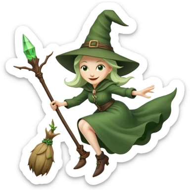 Traditional green old witch flying on a broom emoji sticker
