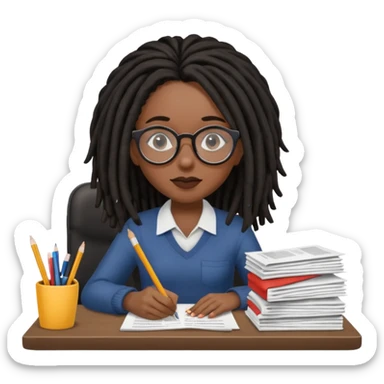 Black female with dark dreadlock hair and large round glasses with a desk full of papers sticker