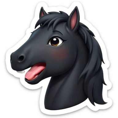 Cinematic Cute Yawning Black Horse Portrait Emoji, Head tilted slightly with a dramatic, wide-open yawn, revealing a soft, sleek black fur with a subtle shimmer, floppy ears slightly drooping, round dark eyes barely open in drowsy contentment, Simplified yet irresistibly adorable features, highly detailed, glowing with a soft, cozy glow, high shine, relaxed yet expressive, stylized with a touch of whimsy, bright and endearing, soft glowing outline, capturing the essence of a sleepy yet affectionate horse, so drowsy it feels like it could stretch out of the screen and curl up for a nap! sticker