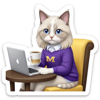 a cute blue eyed brown and white ragdoll cat with white paws and brown and beige tail wearing the dark violet sweater with yellow letteting "Milena" sitting on the grey sofa with grey laptop and drinking coffee sticker