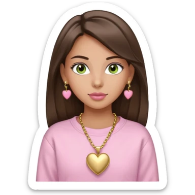 Create a teen girl wearing a light pink sweatshirt. She will have brunette hair, tan skin, pink lips, and grey-green eyes. She has long eyelashes. She is wearing gold stud earrings and a gold necklace with a heart-shaped pendant. sticker