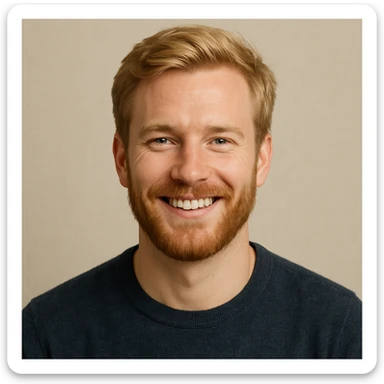 blonde man with a beard, smiling, head and shoulders, plain background sticker