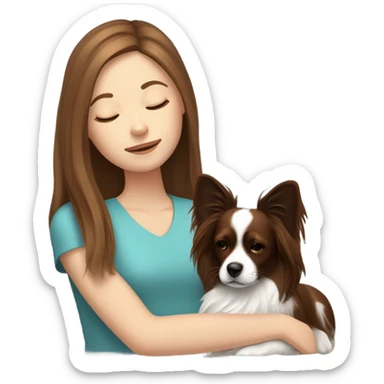 White girl brown hair spleeping with a black and brown papillon dog  sticker