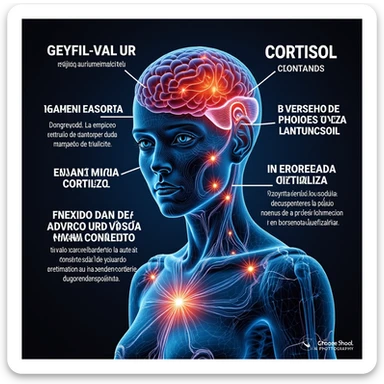 Realistic 3D medical image of a woman showing cortisol effects, highlighting the brain, adrenal glands, and hormonal connections. Include Italian captions. Aspect ratio 2:3. Realistic style with detailed anatomical features and clear labeling in Italian. sticker