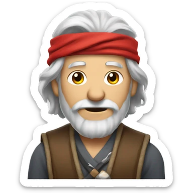 Old man wth long grey hair and a red bandana around his neck, wearing crown  sticker