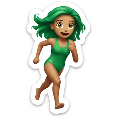 Running out of house, in bathing suit  with red green hair girl sticker