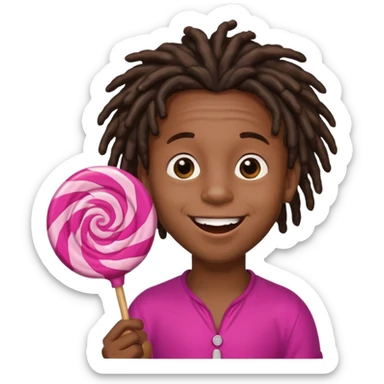 A small black dread lock hair boy holding a giant lollipop, smiling with sticky cheeks. sticker