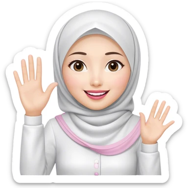 Asian white woman hijab, her hijab color is white, her face is small oval, her face is firm, her lips are pink, her eyes is shining, her face looks happy and excited, her eyes are also smiling, her outfit color is white. Generate emoji that show full body, and her left hand is waving to the left sticker