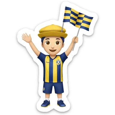 I want a yellow circle emoji (not a human emoji) holding a yellow and navy blue checkered flag in both hands, wearing a yellow and navy blue hat, dancing, and smiling. The emoji should also have Fenerbahçe’s striped jersey either on itself or on the flag.” sticker