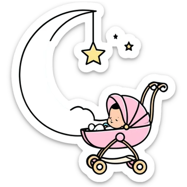 sleeping baby in pink and beige stroller under a crescent moon with sparkling stars and pastel blue clouds sticker