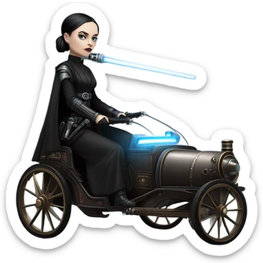 Wednesday Addams Jedi bounty hunter driving a modern blue,red and pewter steampunk electric carriage  sticker
