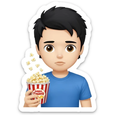 generate a pretty fair bratz boy with a blue tshirt on. eating popcorn. messy black hair sticker