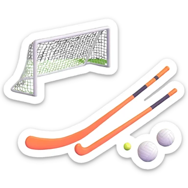 field hockey stick and ball on lush green grass with goals sticker