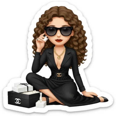 Female drug boss with long curly brown hair,  sitting on a pile of cocaine, sunglasses on and wearing black low cut long Chanel dress sticker