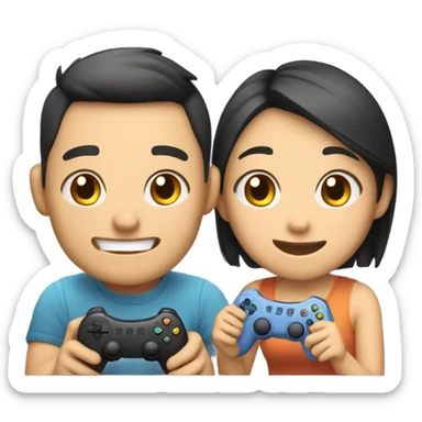 Cute asian couple excitedly playing video games sticker