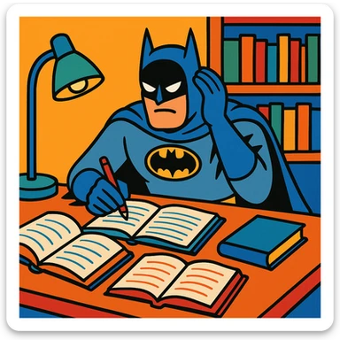 Batman studying with books and notebooks, study environment, illustration style sticker
