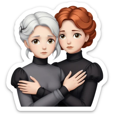 Two Victorian women with grey eyes in a sad, intimate hug. One has bright white coiffed hair, one has dark copper coiffed hair. Both wearing Victorian turtleneck dresses with arms tightly around each other. sticker