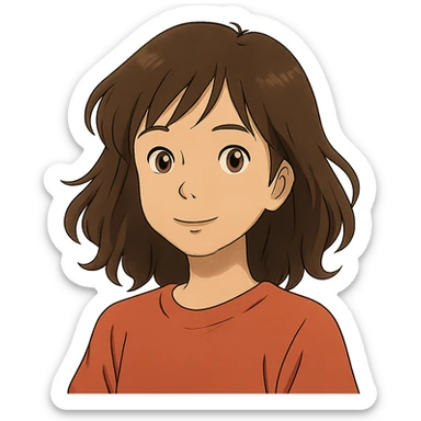 ghibli style portrait of an Asian girl with medium brown wavy hair and brown eyes sticker