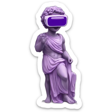 an EMOJI OF A ancient young greek statue, wearing VR headset, purple colors, DIGITAL UNIVERSE sticker