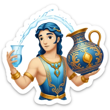 The zodiac symbol Aquarius. A mystical beautiful water bearer, pouring water from a large, intricate, and arcane vase sticker