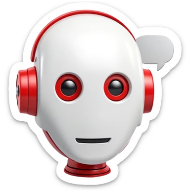 A minimalist 3D icon of a friendly robot head with a speech bubble, in red and white color scheme, clean design, soft shadows, YouTube-inspired style sticker