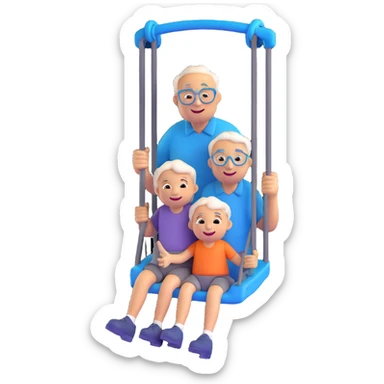 3D smiley emoji, round shape, grandfather pushing a grandchild on a swing, blue color, smiling face sticker