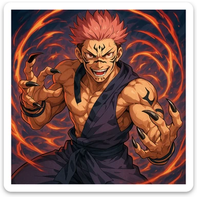 Sukuna character inspired by anime style, visual interpretation 2, detailed, dynamic pose, vibrant colors sticker