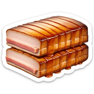 Cinematic tender pork belly, slow-roasted to perfection, crispy caramelized edges, glistening with juices, sliced into thick, rich layers, warm golden tones, luxurious and indulgent. sticker
