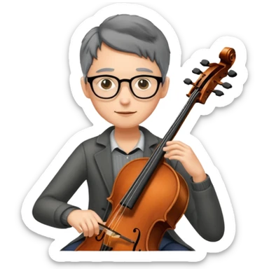 an emoji of my mum playing the cello, she has short black-ish gray hair, wears glasses, she is small sticker