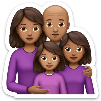 Simple family emoji where the dad is darker skinned and bald, the mom is lighter skinned with brown hair. Also two daughters with one having slightly darker skin and black wavy hair. The other daughter with lighter skin and wavy brown hair. sticker