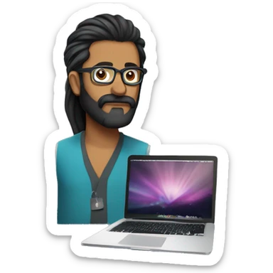 indian man hair in a manbun, beard, glasses with macbook computer  sticker