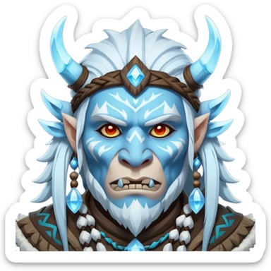 Fantasy Christmas orc shaman icon, ice spirit magic theme, glowing runes, winter tribal mask elements, mystical cold atmosphere, emoji sized portrait, male/female variant sticker