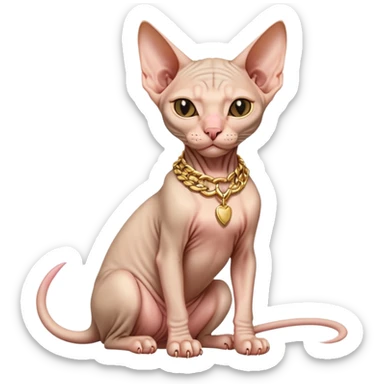 hairless Sphynx cat full body sitting, wearing a gold chain, winking sticker