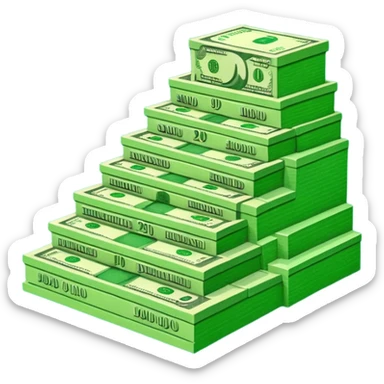 A three-level podium made entirely of stacked banknotes, rising from left to right with each step higher than the previous one. sticker