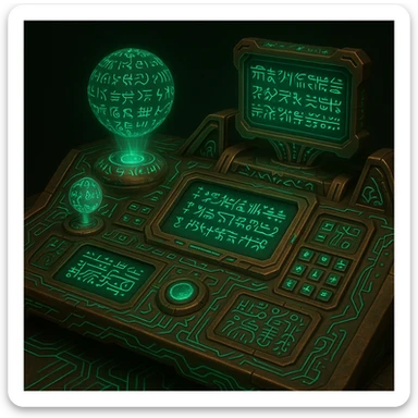 A S'pht Pfhor dialect radio transmission compiler: a panel of alien controls and screens, covered in Pfhor and S'pht script, with holographic projections and a luminous, circuit-like pattern. The device feels both ancient and futuristic, with a bronze and emerald color scheme. sticker