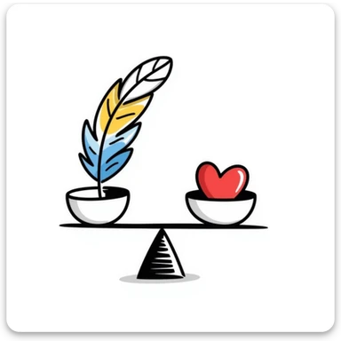A simple scale balancing a colorful feather and a red heart, representing emotional balance and lightness. Colorful hand-drawn doodle style with blues, reds, and yellows. sticker