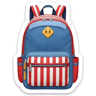  blue denim backpack with red, white, and navy stripes, similar to a Tommy Jeans design. Minimalistic, cartoon-like, front-facing."
 sticker
