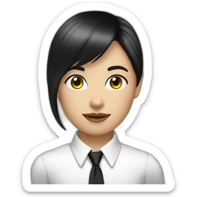 white female bangs black straight hair white shirt black tie sticker