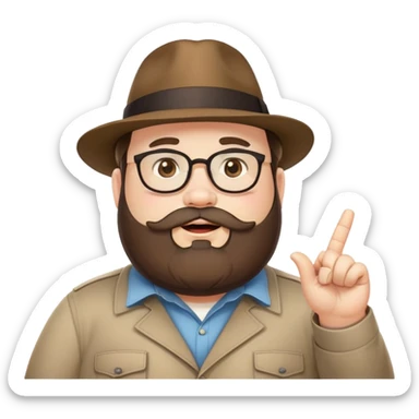 Fat bearded nerd wearing fedora hat pointing up to the sky with finger sticker