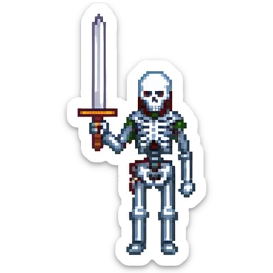 skeleton holding a sword, pixel art style sticker