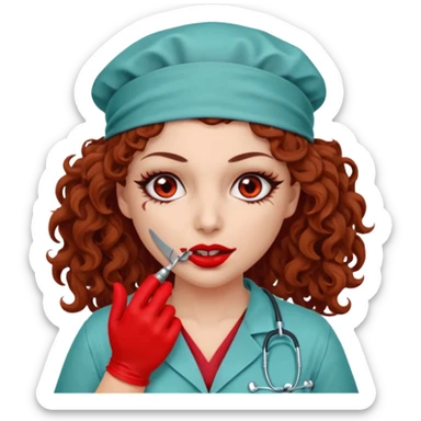 Scary woman scalpel in hand, evil surgeon sexy surgeon clothes.  She has red eyes. Her  brown long curly hair. Wears sexy doctor outfit with red gloves. Only uses red bandanna  to hide her face mouth with red bandana to hide her identity sticker