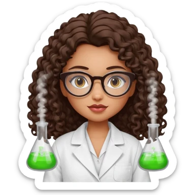 realistic bratz doll with long curly dark brown hair, glasses that are round cat eye vibes, in a lab coat mixing beakers that glow sticker